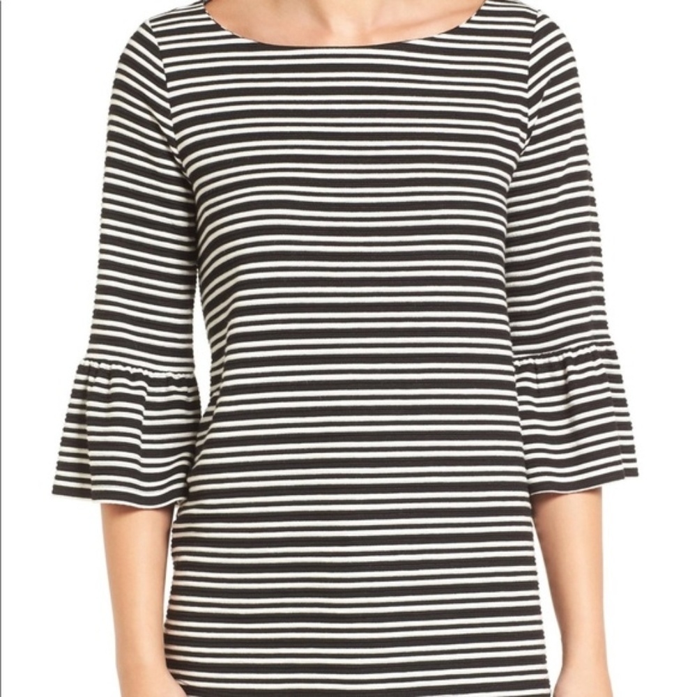 Pleione | White and Navy Striped Bell Sleeve Top